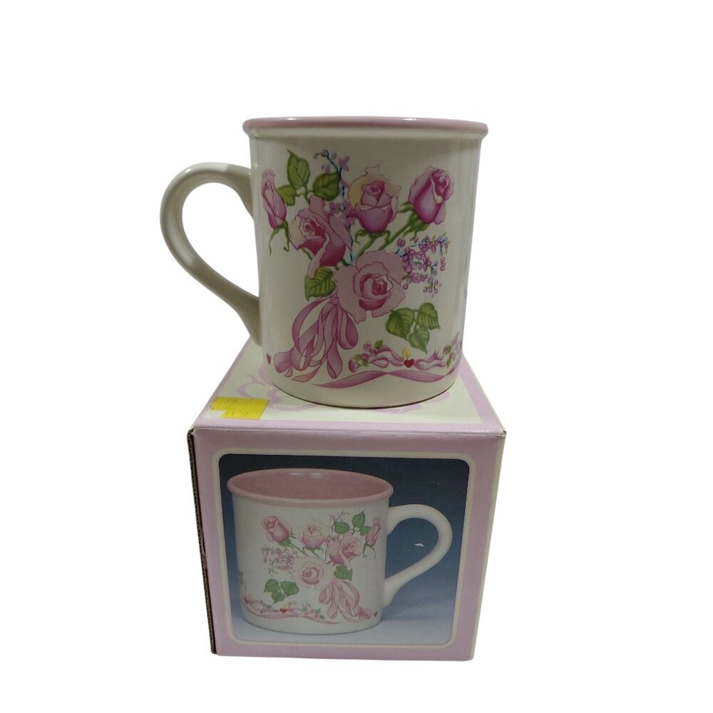 Vintage Roses & Ribbons Ceramic Mug 1987 By Potpourri Press 9 Oz Pink Floral Des